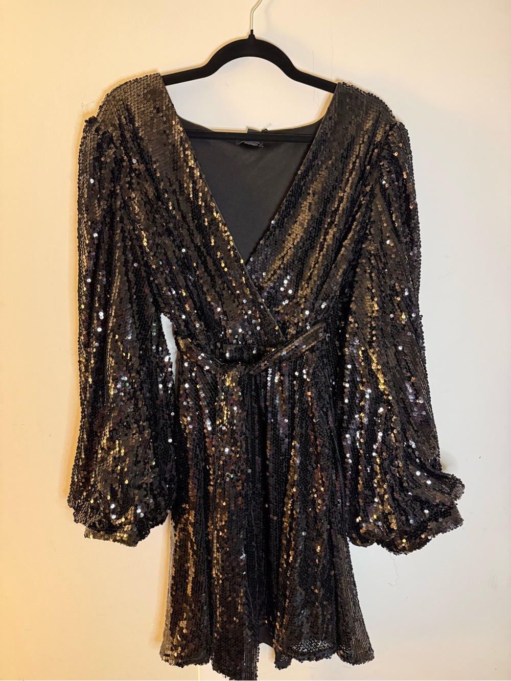 Black Sequin Wrap Mini Dress with Puff Long Sleeves